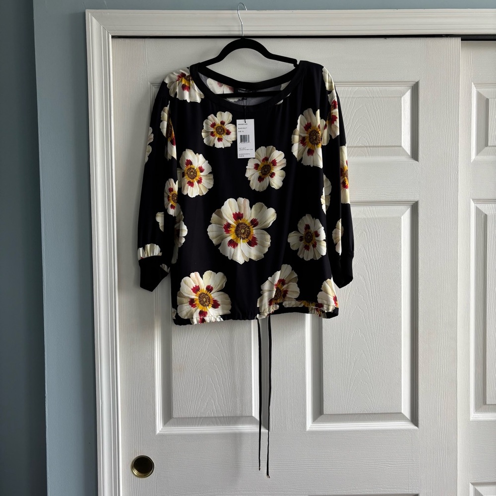NWT Lafayette 148 New York Black Floral Silk Blouse